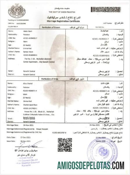 Certidão de casamento do governo do Paquistão de Sindh Paquistão exemplo
